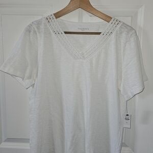 Talbots White Short-Sleeve V-Neck Top with Crochet Trim